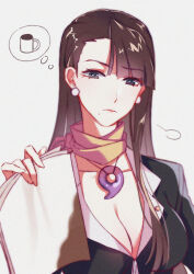 Rule 34 | 1girl, absurdres, ace attorney, akira (ying), asymmetrical bangs, black shirt, breasts, cleavage, collarbone, cup, grey background, highres, holding, holding paper, jewelry, magatama, magatama necklace, medium breasts, mia fey, mole, mole under mouth, mug, necklace, paper, shirt, simple background, solo, thought bubble, upper body