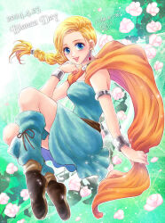 Rule 34 | 1girl, armlet, belt, bianca (dq5), blonde hair, blue eyes, bracelet, braid, breasts, brown footwear, cape, character name, commentary request, dated, defense zero, dragon quest, dragon quest v, dress, earrings, floating hair, floral background, full body, green dress, green socks, holding, holding cape, holding clothes, jewelry, knees up, light particles, long hair, looking at viewer, medium breasts, neck ring, open mouth, orange cape, single braid, smile, socks, solo