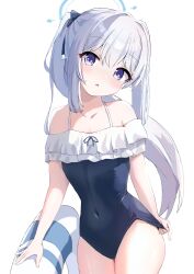 Rule 34 | 1girl, blue archive, breasts, collarbone, commentary request, grey hair, halo, head tilt, highres, innertube, looking at viewer, miyako (blue archive), miyako (swimsuit) (blue archive), official alternate costume, official alternate hairstyle, open mouth, ponytail, purple eyes, simple background, small breasts, solo, swim ring, swimsuit, teritama (teritama house), white background