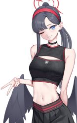 Rule 34 | 1girl, ;d, alternate costume, aoi riko, black choker, black shirt, black skirt, black wings, blue archive, blush, breasts, choker, cropped sweater, feathered wings, grin, halo, headband, highres, ichika (blue archive), looking at viewer, medium breasts, meme attire, midriff, navel, one eye closed, open-chest sweater, open mouth, pleated skirt, ponytail, red halo, red headband, shirt, simple background, skirt, sleeveless, sleeveless sweater, smile, solo, stomach, sweater, v, white background, wings