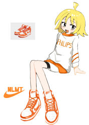 Rule 34 | 1girl, absurdres, ahoge, alternate costume, arm support, bike shorts, blonde hair, blush, brand name imitation, commentary, full body, highres, invisible chair, kakinin, knees together feet apart, long sleeves, looking at viewer, nike (company), null-meta, open mouth, print sweater, product placement, reference inset, shoes, short hair, simple background, sitting, smile, sneakers, solo, sweater, text print, uozumi kurumi, white background, white eyes, white sweater