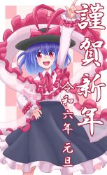 Rule 34 | 1girl, absurdres, arm up, black hat, black skirt, blue hair, bow, capelet, commentary request, frilled capelet, frilled shawl, frilled skirt, frills, garamerudo, hand on own hip, hat, hat bow, highres, index finger raised, long sleeves, looking at viewer, nagae iku, open mouth, red bow, red eyes, shawl, shirt, short hair, skirt, solo, touhou, translation request, two-tone background, white shawl, white shirt