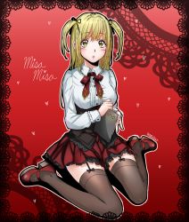 Rule 34 | 1girl, :o, amane misa, bad id, bad pixiv id, black thighhighs, blonde hair, blush, bomhat, book, corset, cross, death note, frilled skirt, frills, garter straps, goth fashion, gothic lolita, green eyes, hair ribbon, half updo, highres, holding, holding book, lace, lipstick, lolita fashion, long hair, long sleeves, looking at viewer, makeup, mary janes, necktie, notebook, open mouth, red background, ribbon, shoes, sitting, skirt, solo, thighhighs, twintails, two side up, wariza