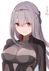 Rule 34 | armor, black leotard, bodystocking, breasts, closed mouth, frown, goddess of victory: nikke, grey hair, highres, japanese armor, large breasts, leotard, long hair, official alternate costume, red eyes, rufei bot, scarlet (nikke), shoulder armor, simple background, sode, twitter username, white background