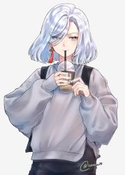 Rule 34 | 1girl, alternate costume, alternate hair length, alternate hairstyle, black pants, blue nails, commentary, contemporary, cup, disposable cup, drinking straw, drinking straw in mouth, english commentary, genshin impact, grey background, grey eyes, grey hair, grey sweater, hair over one eye, holding, holding cup, l (ldraws10), looking to the side, medium hair, nail polish, pants, shenhe (genshin impact), short hair, solo, sweater, twitter username