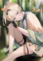 Rule 34 | 1girl, absurdres, aqua eyes, black gloves, blonde hair, blurry, blurry background, blush, feet out of frame, fingerless gloves, gloves, green skirt, hair ornament, hands on own knee, haori, highres, hololive, japanese clothes, katana, kazama iroha, knee up, leaf hair ornament, legs, looking at viewer, miniskirt, open mouth, ponytail, ryuya, short hair, shrug (clothing), sitting, skirt, smile, solo, sword, thighhighs, virtual youtuber, weapon, weapon on back, white thighhighs