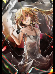 Rule 34 | 1girl, absurdres, bad id, bad pixiv id, blonde hair, border, clenched hand, crushing, dress, flandre scarlet, grin, head tilt, highres, lens flare, messy hair, osama, pillarboxed, red eyes, short hair, side ponytail, smile, solo, strap slip, touhou, wings
