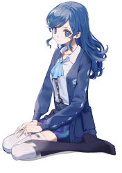 Rule 34 | 1girl, aikatsu! (series), ascot, black thighhighs, blue ascot, blue cardigan, blue eyes, blue hair, blue skirt, cardigan, closed mouth, collarbone, collared shirt, commentary, full body, hands on lap, highres, kiriya aoi, long hair, long sleeves, looking at viewer, shirt, shirt tucked in, simple background, sitting, skirt, smile, solo, thighhighs, two-tone legwear, wariza, white background, white shirt, white thighhighs, yamamura saki