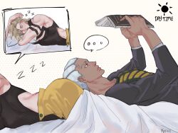 Rule 34 | ..., 2boys, ass, bed, bed sheet, blonde hair, book, closed eyes, closed mouth, dark-skinned male, dark skin, day, dio brando, enrico pucci, head on ass, highres, holding, holding book, jojo no kimyou na bouken, long hair, long sleeves, lying, male focus, minggiijwinjsj, multiple boys, muscular, muscular male, on bed, on stomach, pants, pillow, sleeping, spoken ellipsis, stone ocean, yaoi, yellow pants, zzz