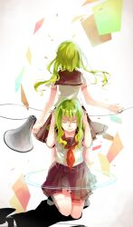 Rule 34 | 1girl, back turned, brown sailor collar, brown skirt, closed eyes, covering own ears, crying, green hair, green nails, gumi, highres, holding, holding megaphone, kneeling, megaphone, neckerchief, red neckerchief, sailor collar, sakuramochi1003, school uniform, serafuku, shirt, shirt tucked in, short hair, short hair with long locks, short sleeves, simple background, skirt, standing, streaming tears, tears, toumei elegy (vocaloid), vocaloid, white shirt
