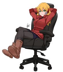 Rule 34 | 1girl, absurdres, airisubaka, android, arms behind head, arms up, artist name, blonde hair, boots, breasts, brown footwear, chair, closed mouth, crossed legs, full body, green eyes, hair between eyes, highres, jacket, long hair, long sleeves, looking at viewer, office chair, original, pantyhose, red jacket, simple background, sitting, smile, solo, swivel chair, watermark, white background