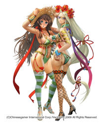 Rule 34 | 2girls, :o, arm up, armlet, armpits, ass, bikini, blue eyes, bracelet, breasts, brown hair, casual one-piece swimsuit, center opening, chouki (sangoku heroes), cleavage, collar, dragon, fishnet legwear, fishnets, flower, from behind, glasses, hair flower, hair ornament, hair ribbon, hand on own hip, hat, hibiscus, high heels, hip focus, jewelry, kanki (sangoku heroes), large breasts, legs, lipstick, long hair, looking back, lots of jewelry, makeup, multiple girls, nail polish, navel, official art, one-piece swimsuit, open mouth, purple nails, ribbon, sandals, sangoku heroes, scarf, shoes, sideboob, simple background, smile, standing, straw hat, striped clothes, striped legwear, striped thighhighs, swimsuit, takayama toshiaki, thighhighs, very long hair, white hair