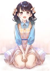 Rule 34 | 1girl, absurdres, bashosho, black hair, blue shirt, commentary request, dress, fangs, fukumaru koito, full body, hair ornament, hair ribbon, hairclip, highres, idolmaster, idolmaster shiny colors, looking at viewer, medium hair, open mouth, pink eyes, plaid, plaid dress, ribbon, seiza, shirt, sitting, skin fangs, sleeves past elbows, solo, swept bangs, twintails, white background, yellow dress