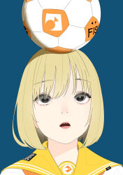 Rule 34 | 1girl, absurdres, ball, bananafish1111, black hair, blonde hair, blue background, commentary, english commentary, highres, looking up, object on head, open mouth, original, school uniform, serafuku, short hair, simple background, soccer ball, solo, teeth