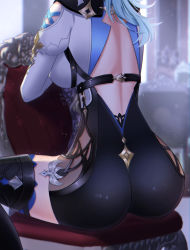 Rule 34 | 1girl, artist request, ass, ass focus, blue hair, breasts, eula (genshin impact), from behind, genshin impact, highres, huge ass, large breasts, leotard, long hair, shiny clothes, sideboob, sitting, solo, thighhighs