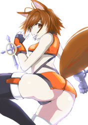 Rule 34 | 1girl, animal ears, antenna hair, arc system works, ass, black thighhighs, blazblue, blazblue: continuum shift, brown eyes, brown hair, fingerless gloves, from behind, gloves, looking at viewer, makoto nanaya, midriff, multicolored hair, orange skirt, revealing clothes, short hair, simple background, skirt, solo, squirrel ears, squirrel tail, tail, thighhighs, tonfa, two-tone hair, weapon, white hair, yosimura