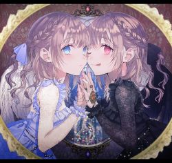 Rule 34 | 2girls, album cover, black dress, black ribbon, blue dress, blue eyes, blue ribbon, braid, brown hair, cover, cover image, crown braid, dress, fang, from side, haduki tohru, hair behind ear, hair ribbon, highres, holding hands, jewelry, letterboxed, long hair, looking at viewer, multiple girls, one eye closed, original, pink eyes, ribbon, ring, skin fang, smile, textless version, tongue, tongue out