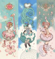 Rule 34 | 3girls, absurdres, arm up, blue hair, bow, bow choker, brown hair, bubble skirt, cardcaptor sakura, chest jewel, choker, detached sleeves, dress, frilled dress, frilled socks, frills, from behind, full body, fuuin no tsue, gloves, green eyes, hair bow, hatsune miku, high heels, highres, holding, holding wand, kaname madoka, kinomoto sakura, kneehighs, kyubey, long hair, looking at viewer, magical girl, mahou shoujo madoka magica, multicolored clothes, multicolored gloves, multiple girls, one eye closed, pantyhose, patterned clothing, petals, petticoat, pink bow, pink dress, pink gemstone, pink gloves, pink hair, pink headwear, puffy short sleeves, puffy sleeves, red choker, red footwear, russian commentary, short hair, short sleeves, skirt, smile, socks, standing, standing on one leg, traditional media, twintails, very long hair, vinsenta, vocaloid, wand, white gloves, white sleeves, white socks, white wings, wide sleeves, wings