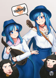 Rule 34 | 2girls, blue eyes, blue hair, blue headwear, blush, cain (gunnermul), choker, closed mouth, collarbone, copyright name, hat, highres, long hair, looking at another, mabinogi, multiple girls, parted lips, pouty lips, sheep, smile, speech bubble