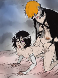 Rule 34 | 1boy, 1girl, abs, all fours, ass, bed, bed sheet, bent over, black hair, bleach, blush, breasts, breasts apart, bridal gauntlets, clothed male nude female, clothed sex, colorized, couple, covered eyes, doggystyle, facing another, facing away, gloves, hair between eyes, hair over eyes, half-closed eye, hetero, kneeling, kuchiki rukia, kurosaki ichigo, moaning, nipples, nude, on bed, one eye closed, open clothes, open mouth, orange hair, pubic hair, purple eyes, rusky, sex, sex from behind, sheet grab, short hair, small breasts, sweat, teeth, tongue, torso grab, trembling, vaginal, white gloves