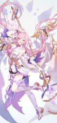 Rule 34 | 1girl, abstract background, absurdres, arm up, bare shoulders, boots, bow, breasts, bright pupils, chinese commentary, choker, cleavage, commentary request, detached sleeves, diamond-shaped pupils, diamond (shape), elysia (herrscher of human:ego) (honkai impact), elysia (honkai impact), floating, floating hair, footwear bow, from side, full body, gloves, highres, holding, holding staff, honkai (series), honkai impact 3rd, knee boots, leg up, leotard, long hair, looking at viewer, multicolored hair, nanhanzi, open mouth, outstretched arm, pink hair, procreate (medium), purple eyes, purple footwear, smile, solo, staff, streaked hair, swept bangs, symbol-shaped pupils, two-tone hair, very long hair, white background, white gloves, white hair, white leotard, white pupils