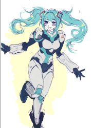 Rule 34 | 1girl, :d, alternate costume, alternate universe, aqua eyes, aqua hair, armor, blush, full body, hatsune miku, long hair, looking at viewer, ms tsukii, open mouth, power armor, science fiction, smile, solo, standing, standing on one leg, teeth, twintails, vocaloid