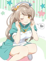 Rule 34 | 1girl, brown eyes, dress, floral background, frills, from side, grin, hair ornament, hands up, hat, heart, knees together feet apart, light brown hair, loafers, long hair, looking at viewer, love live!, love live! school idol festival, love live! school idol project, minami kotori, nurse, nurse cap, one eye closed, one side up, puffy short sleeves, puffy sleeves, shoes, short sleeves, smile, solo, speech bubble, spoken heart, squatting, stethoscope, striped, striped background, swept bangs, tareme, tokira nozumi, twitter username, vertical stripes, white footwear