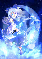 Rule 34 | 1girl, alternate color, bad id, bad pixiv id, bare shoulders, between fingers, blue background, blue bow, blue eyes, blue footwear, blue ribbon, blue skirt, blue theme, blue vest, bow, detached sleeves, frilled bow, frilled hair tubes, frilled skirt, frills, full body, hair bow, hair tubes, hakurei reimu, highres, holding, jhdn4738, looking at viewer, medium hair, open mouth, outstretched arms, player 2, ribbon, ribbon-trimmed skirt, ribbon-trimmed sleeves, ribbon trim, shoes, silver hair, skirt, sky, socks, solo, star (sky), starry sky, touhou, vest, white socks