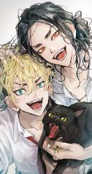 Rule 34 | 2boys, :d, animal, baji keisuke, black cat, black hair, blonde hair, cat, collarbone, collared shirt, green eyes, hand on another&#039;s head, highres, long hair, looking at viewer, male focus, matsuno chifuyu, messy hair, miyuki nknk, multiple boys, open mouth, partially unbuttoned, ponytail, red eyes, shirt, short hair, simple background, smile, tokyo revengers, tsurime, undercut, upper body, white background, white shirt