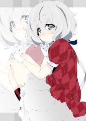 Rule 34 | 1girl, absurdres, boots, bubble skirt, commentary request, gloves, grey eyes, grey hair, grey skirt, highres, knee boots, knees up, konno junko, long hair, looking at viewer, looking to the side, low twintails, ma-yu, puffy sleeves, red shirt, shirt, skirt, solo, squatting, twintails, white gloves, zombie land saga