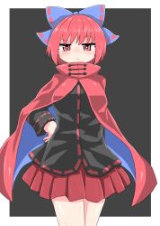 Rule 34 | 1girl, black background, black vest, blue bow, border, bow, breasts, bright pupils, cape, chups, closed mouth, hair bow, hand on own hip, highres, long sleeves, looking at viewer, pleated skirt, raised eyebrow, red cape, red eyes, red hair, red ribbon, red skirt, ribbon, ribbon-trimmed bow, ribbon-trimmed clothes, ribbon-trimmed vest, ribbon trim, sekibanki, short hair, simple background, skirt, solo, thighhighs, touhou, vest, white border, zettai ryouiki