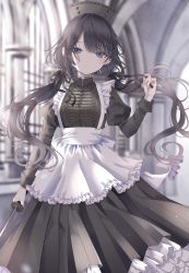 Rule 34 | 1girl, absurdres, apron, arch, black dress, black hair, black headwear, black ribbon, blue eyes, blurry, blurry background, closed mouth, dress, expressionless, feet out of frame, fingernails, frills, hair ribbon, highres, holding, holding ribbon, holding sword, holding weapon, indoors, juliet sleeves, katana, light blush, light particles, long sleeves, looking at viewer, low twintails, maid, maid apron, maid headdress, original, paruno, pleated dress, puffy sleeves, ribbon, solo, standing, straight-on, sword, twintails, weapon