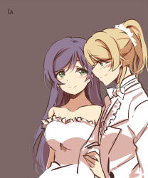Rule 34 | 2girls, ayase eli, blonde hair, blue eyes, blush, brown background, dress, eye contact, ghost (ghost528), green eyes, hair down, jewelry, long hair, looking at another, love live!, love live! school idol project, multiple girls, purple hair, ring, short ponytail, sketch, smile, strapless, strapless dress, tojo nozomi, wedding band, wedding dress, wife and wife, yuri