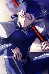 Rule 34 | 1boy, armor, blue bodysuit, blue hair, bodysuit, closed mouth, cu chulainn (fate), cu chulainn (fate/stay night), fate/stay night, fate (series), floating hair, gae bolg (fate), highres, long hair, long sleeves, looking to the side, low ponytail, male focus, outdoors, ponytail, red eyes, shoulder armor, sitting, solo, tamayan (tmyaaa tk)