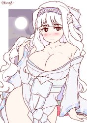 Rule 34 | 1girl, bare legs, bare shoulders, blush, border, bow, breasts, cleavage, crossover, hair ornament, highres, idolmaster, idolmaster (classic), large breasts, legs, long hair, loose clothes, moon, moonlight, no bra, pongldr, ribbon, robe, self-upload, senran kagura, shijou takane, simple background, solo focus, thick thighs, thighs, voice actor connection, white border, white hair, yumi (senran kagura)