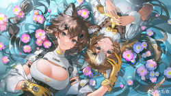 Rule 34 | 2girls, animal ear fluff, animal ears, breasts, brown eyes, brown hair, chinese commentary, cleavage, cleavage cutout, clothing cutout, commentary request, flower, fur bracelet, fur collar, girls&#039; frontline, girls&#039; frontline neural cloud, gloves, hair ornament, hannah (neural cloud), highres, id card, in water, lab coat, large breasts, long hair, looking at viewer, lying, maosen, mother and daughter, multicolored hair, multiple girls, official art, on back, smile, turing (neural cloud), water, weibo watermark, white hair, yellow gloves
