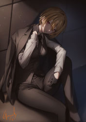 Rule 34 | 1girl, black gloves, black jacket, black necktie, black pants, black vest, blonde hair, collared shirt, commentary, genyaky, gloves, hair between eyes, hand on own neck, hand up, highres, idolmaster, idolmaster shiny colors, jacket, jacket on shoulders, knee up, long sleeves, looking at viewer, necktie, open clothes, open jacket, pants, purple eyes, saijo juri, shirt, short hair, signature, sitting, solo, vest, white shirt