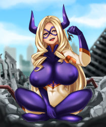 Rule 34 | 1boy, 1girl, blonde hair, bodysuit, boku no hero academia, breasts, covered erect nipples, covered navel, debris, domino mask, fake horns, fenrox, forehead, full body, giant, giantess, gloves, highres, horns, impossible clothes, large breasts, crossed legs, long hair, mask, mount lady, open mouth, outdoors, purple eyes, purple gloves, sidelocks, sitting, smile, teeth, tongue, upper teeth only