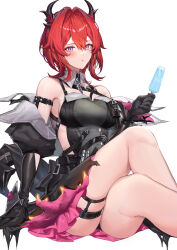 1girl absurdres arknights arknights:_endfield bare_shoulders black_dress black_gloves black_jacket breasts crossed_legs demon_horns detached_collar dress food gloves hand_up highres holding holding_food holding_popsicle horns jacket laevatein_(arknights)_(endfield) looking_at_viewer medium_breasts medium_hair molyb off_shoulder open_clothes open_jacket popsicle purple_eyes red_hair short_dress sideless_dress sitting sleeveless sleeveless_dress solo thigh_strap thighs