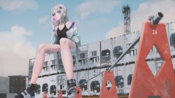 Rule 34 | 1girl, aa-12 (girls&#039; frontline), absurdres, ahoge, black camisole, black footwear, blue eyes, blue sky, camisole, cloud, commission, giant, giantess, girls&#039; frontline, grey hair, hair ornament, highres, jacket, long sleeves, looking at viewer, nighttsound, off shoulder, open clothes, open jacket, outdoors, scenery, second-party source, shoes, short hair, sitting, sky, solo, star (symbol), star hair ornament, white jacket