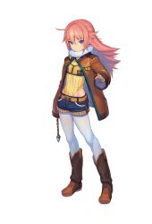 Rule 34 | 1girl, blue eyes, boots, expressionless, full body, fur trim, highres, jacket, leggings, leotard, leotard under clothes, long hair, long sleeves, looking at viewer, open clothes, open jacket, pantyhose, peroshi (graphic loops), pink hair, shorts, sleeves past wrists, solo, tess sheringham, toys drive