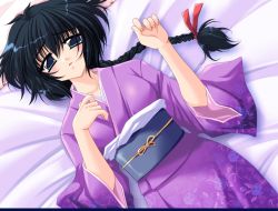 Rule 34 | 1girl, bed, black hair, blue eyes, blush, braid, breasts, cleavage, daikokuya kyouko, downhill night, emily (pure dream), game cg, japanese clothes, kimono, top (company)