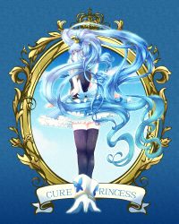 Rule 34 | 1girl, ass, back, black thighhighs, black vest, blue background, blue eyes, blue hair, blue skirt, blue sky, boots, character name, cloud, cloudy sky, crown, cure princess, earrings, full body, happinesscharge precure!, heraldry, highres, jewelry, long hair, looking back, magical girl, maruco3, mini crown, mirror, precure, shirayuki hime, skirt, sky, solo, thighhighs, twintails, very long hair, vest, white footwear