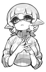 1girl absurdres alternate_costume blunt_bangs breasts chain chain_earrings commentary_request cropped_torso expressionless greyscale half-closed_eyes highres inkling large_breasts looking_to_the_side marie_(splatoon) mole mole_under_eye monochrome nintendo official_alternate_hairstyle own_hands_together parted_lips pointy_ears prat_rat ribbed_sweater short_hair sidelocks simple_background sleeves_rolled_up solo splatoon_(series) splatoon_3 star-shaped_pupils star_(symbol) steepled_fingers sweater symbol-shaped_pupils tentacle_hair thick_eyebrows turtleneck turtleneck_sweater white_background