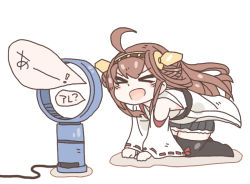 Rule 34 | &gt; &lt;, 10s, 1girl, ahoge, black skirt, black thighhighs, brown hair, closed eyes, commentary request, double bun, dyson (company), electric fan, hair bun, headgear, kantai collection, kongou (kancolle), long hair, mato tsuyoi, nontraditional miko, open mouth, pleated skirt, simple background, skirt, solo, thighhighs, white background