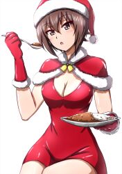 Rule 34 | 1girl, bell, breasts, brown eyes, brown hair, capelet, christmas, cleavage, cleavage cutout, clothing cutout, commentary, curry, curry rice, dress, eating, food, fur-trimmed capelet, fur-trimmed gloves, fur trim, girls und panzer, gloves, hat, highres, holding, holding plate, holding spoon, holly, looking at viewer, medium breasts, neck bell, nishizumi maho, omachi (slabco), open mouth, plate, red capelet, red dress, red gloves, red hat, rice, santa dress, santa gloves, santa hat, short dress, short hair, simple background, sitting, solo, spoon, white background