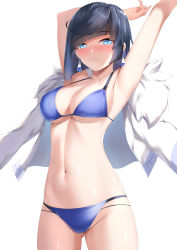 Rule 34 | 1girl, armpits, arms up, bikini, black hair, blue bikini, blue eyes, blunt bangs, blush, breasts, commentary request, cowboy shot, genshin impact, gluteal fold, groin, highres, large breasts, looking at viewer, navel, short hair, simple background, solo, standing, stomach, swimsuit, tatsumiya kagari, white background, yelan (genshin impact)
