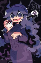 Rule 34 | 1girl, @ @, absurdres, ahoge, alternate breast size, arm under breasts, black background, black hair, blush, breasts, creatures (company), dress, game freak, hair between eyes, hairband, hands up, hex maniac (pokemon), highres, long hair, long sleeves, looking at viewer, medium breasts, messy hair, nintendo, open mouth, poke ball, poke ball (basic), pokemon, pokemon tower ghost, pokemon xy, purple hairband, rariatto (ganguri), signature, simple background, smile, solo, standing, surprised, tongue, turtleneck