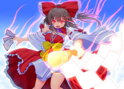 Rule 34 | 1girl, adapted costume, asamura hiori, aura, bow, brown hair, detached collar, detached sleeves, female focus, glowing, glowing eyes, glowing weapon, gohei, hair bow, hair tubes, hakurei reimu, japanese clothes, miko, off shoulder, ofuda, open mouth, red eyes, skirt, smile, solo, touhou, weapon