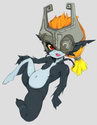 Rule 34 | 1girl, bad id, bad twitter id, black skin, blonde hair, blue skin, cleft of venus, collarbone, colored sclera, colored skin, fang, full body, gradient hair, grey background, helmet, highres, looking at viewer, midna, multicolored hair, multicolored skin, navel, nintendo, one eye covered, open mouth, orange hair, pointy ears, pussy, red eyes, short hair, simple background, slugbox, solo, the legend of zelda, the legend of zelda: twilight princess, two-tone skin, uncensored, yellow sclera